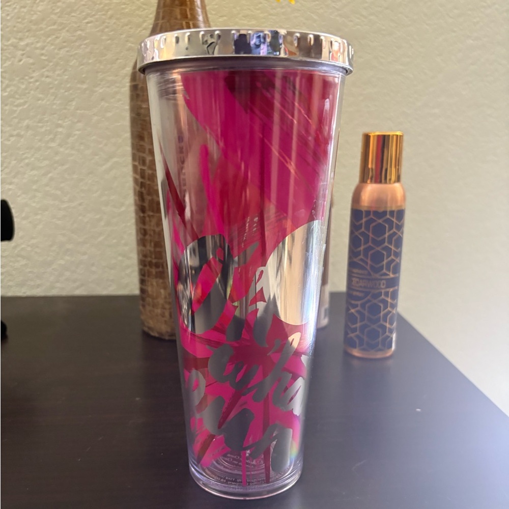 Starbucks Pink and Silver “Oh What Fun” (2014) Vintage Tumbler (24 oz)